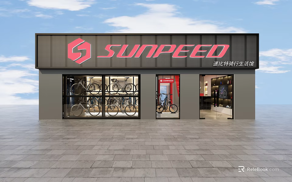 SUNPEED Cycling Lifestyle Store Front With Displayed Bikes And Products 3d model 