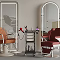 Modern Barber Shop Interior With Brown Red Chairs Illuminated Mirrors And Tool Trolley