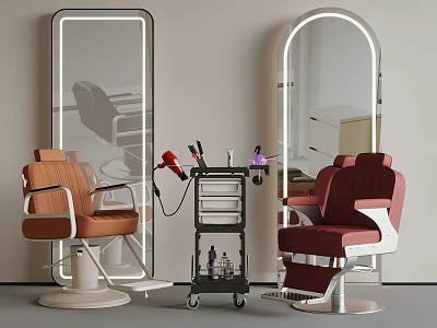 Modern Barber Shop Interior With Brown Red Chairs Illuminated Mirrors And Tool Trolley 3d model