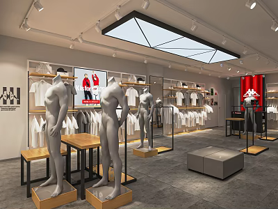 Modern Clothing Store Interior With Mannequins T Shirts Racks And Bright Lighting 3d model