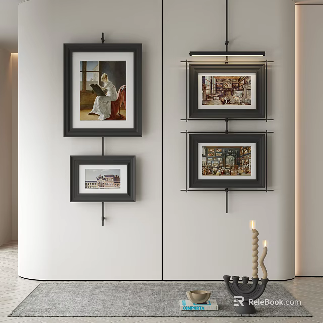 Modern Abstract Paintings Hanging On White Wall With Black Frames And Minimalist Decor 3d model 