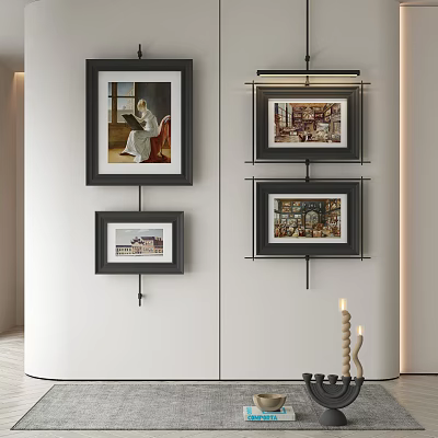 Modern Abstract Paintings Hanging On White Wall With Black Frames And Minimalist Decor 3d model