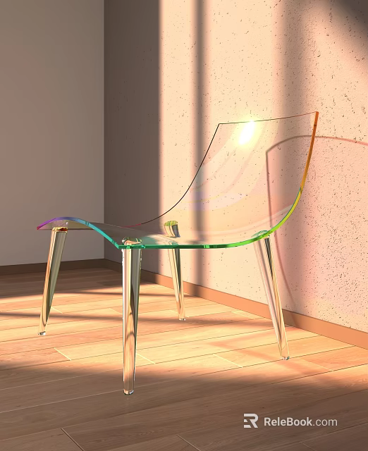 Transparent Acrylic Single Chair With Curved Design And Rainbow Light On Wooden Floor 3d model 