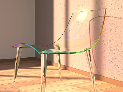Transparent Acrylic Single Chair With Curved Design And Rainbow Light On Wooden Floor 3d model