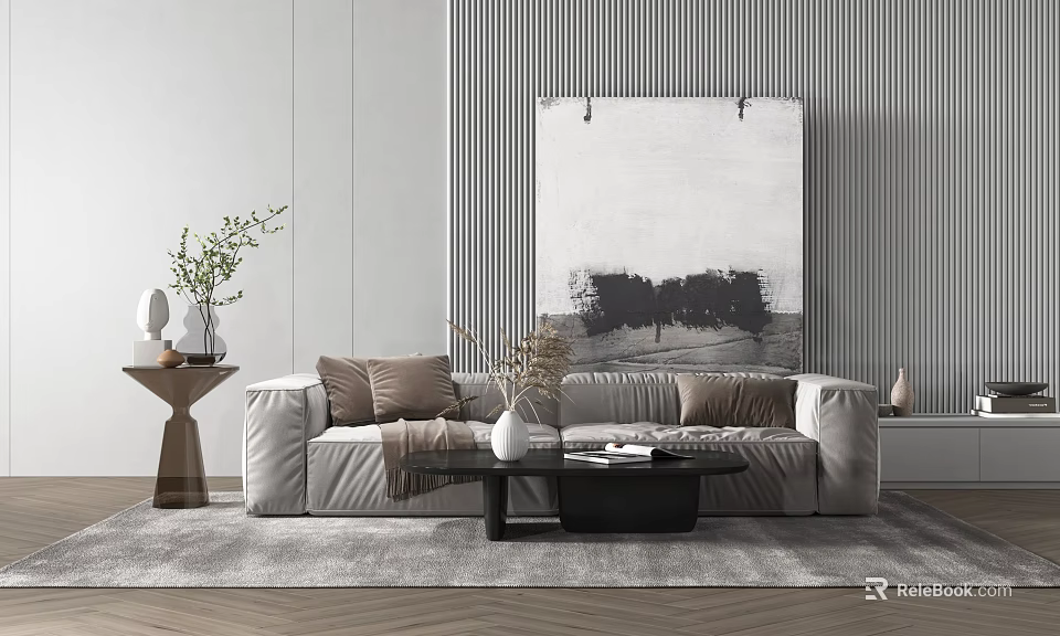 Light Gray Double Sofa With Black Coffee Table Gray Rug And Abstract Wall Art 3d model 