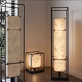 Black Metal Frame Floor Lamp with Square Design Beige Lampshade and Small Table Lamp in Modern Room