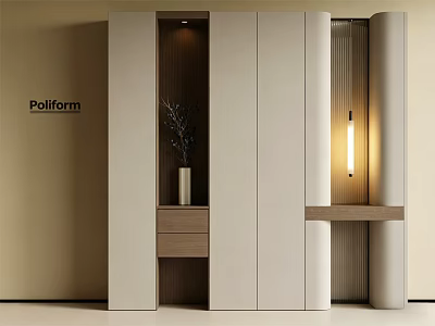 Modern Light Colored Shoe Cabinet Design With Open Shelves Drawer And Decorative Vase Lighting 3d model
