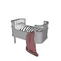 Gray Baby Crib With Black And White Striped Mattress And Red Blanket