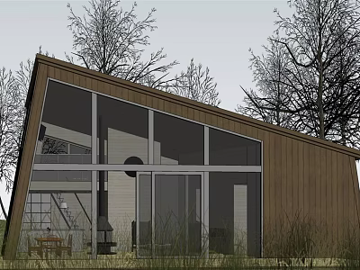 Modern Wooden House With Sloped Roof Large Windows And Trees In Natural Surroundings 3d model