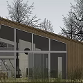 Modern Wooden House With Sloped Roof Large Windows And Trees In Natural Surroundings