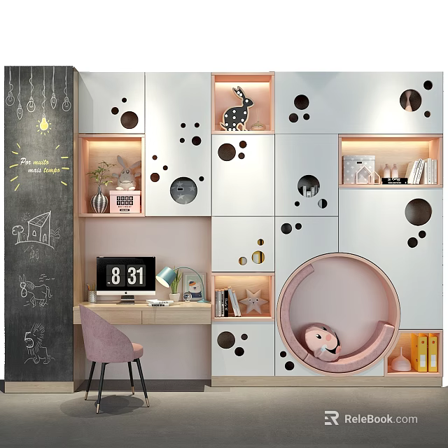 Modern Kids Wardrobe With Circular Cutout Design White Pink Storage Shelves And Reading Nook 3d model 
