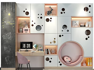 Modern Kids Wardrobe With Circular Cutout Design White Pink Storage Shelves And Reading Nook 3d model