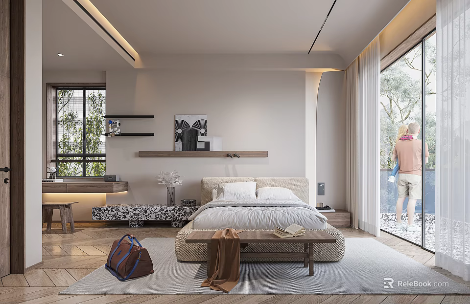 Modern Bedroom Interior Design With Comfortable Bed Bench Rug And Natural Light 3d model 