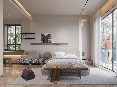 Modern Bedroom Interior Design With Comfortable Bed Bench Rug And Natural Light 3d model