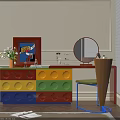 Colorful Lego Style Dressing Table With Round Knobs Round Mirror White Flower Vase And Chair 3d model