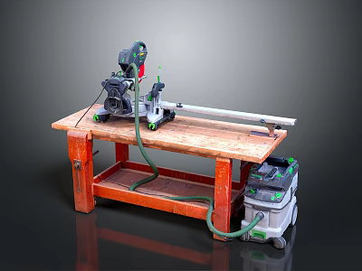 Woodworking Miter Saw Set Up On Workbench With Long Rail And Dust Extractor 3d model