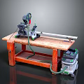 Woodworking Miter Saw Set Up On Workbench With Long Rail And Dust Extractor