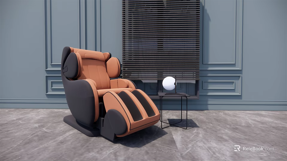 Modern Brown Black Massage Chair Interior With Gray Wall Small Table And White Spherical Lamp 3d model 