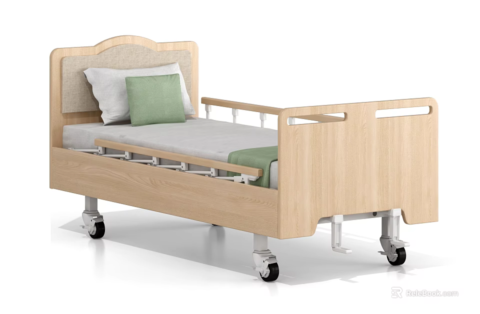 Single Bed with Wooden Frame Gray Mattress White and Green Pillows and Wheels 3d model 