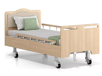 Single Bed with Wooden Frame Gray Mattress White and Green Pillows and Wheels 3d model