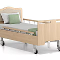 Single Bed with Wooden Frame Gray Mattress White and Green Pillows and Wheels