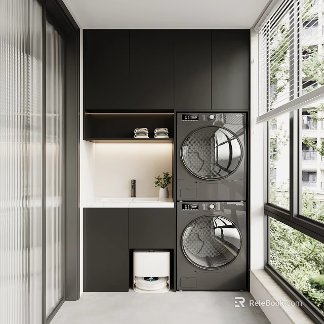 Home Balcony Design With Black Cabinets Stacked Washing Machines White Countertop And Green Outdoor View 3d model 