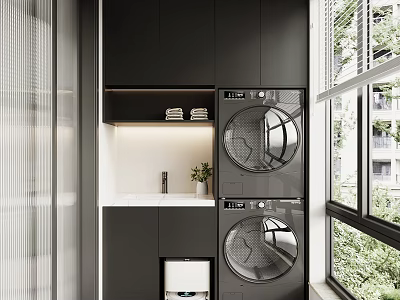 Home Balcony Design With Black Cabinets Stacked Washing Machines White Countertop And Green Outdoor View 3d model