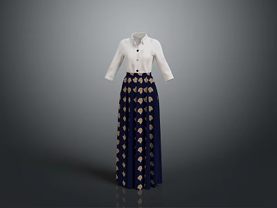 Elegant White Shirt With Three Quarter Sleeves And Dark Blue Long Skirt With Gold Patterns 3d model