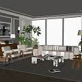 Modern Living Room Interior With Beige Sofa White Chairs Green Plants And Large Windows
