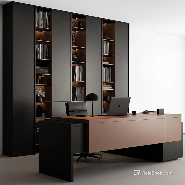 Modern Wooden Office Desk And Ergonomic Chair Set With Storage Shelves For Home Workspace 3d model 