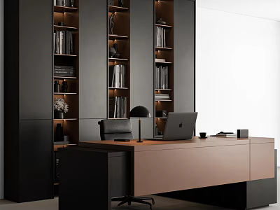 Modern Wooden Office Desk And Ergonomic Chair Set With Storage Shelves For Home Workspace 3d model