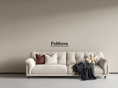 Elegant Cream White Poliform Multi Seater Sofa With Cozy Decorative Pillows And Soft Throw Blanket 3d model