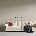 Elegant Cream White Poliform Multi Seater Sofa With Cozy Decorative Pillows And Soft Throw Blanket