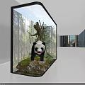 Sleek Black TV Displaying Panda in Natural Habitat with Cityscape Background and Green Plants