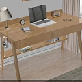 Modern Wooden Desk with Laptop Lamp Alarm Clock Glasses Notepad and Books on Shelf