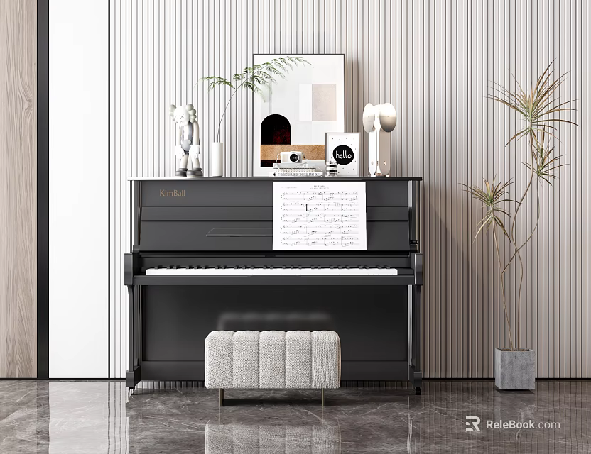 Black Piano And Picture Frames With Sheet Music Stool On Striped Wall And Marble Floor 3d model 