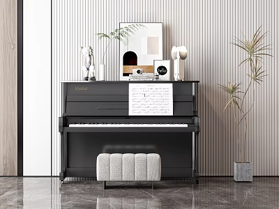 Black Piano And Picture Frames With Sheet Music Stool On Striped Wall And Marble Floor 3d model