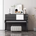 Black Piano And Picture Frames With Sheet Music Stool On Striped Wall And Marble Floor