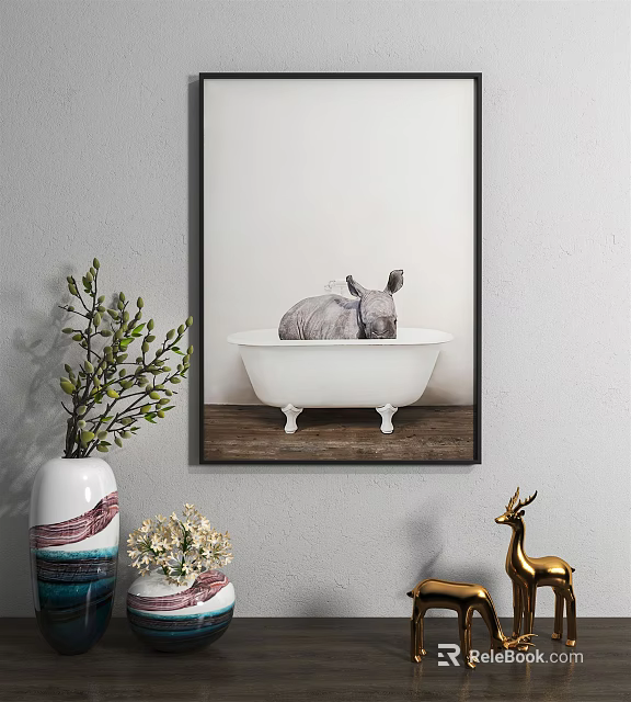 Animal Painting Featuring Rhino in White Bathtub on Wooden Floor Home Decor Wall Art 3d model 