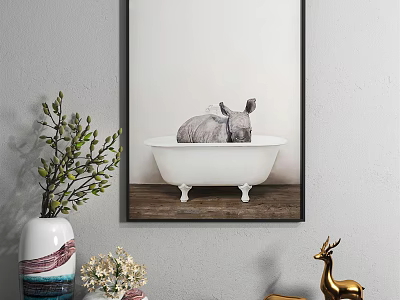 Animal Painting Featuring Rhino in White Bathtub on Wooden Floor Home Decor Wall Art 3d model