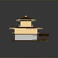 Cartoon Scene of Traditional Japanese Golden Pavilion with Golden Roof Multi story Structure and White Walls