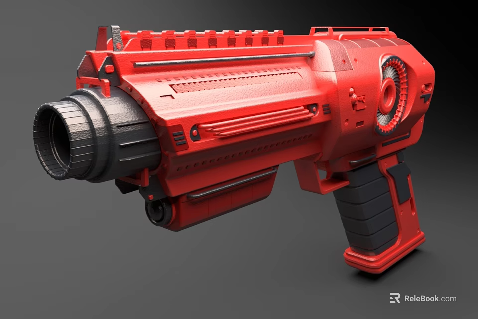 Red Futuristic Weapon With Black Grip Barrel And Detailed Mechanical Structure 3d model 