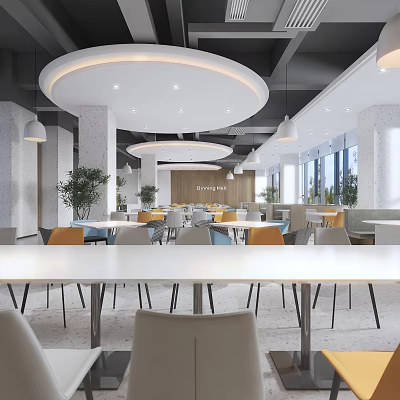 Modern Café Interior With Circular Ceiling Lights Wooden Tables Comfortable Chairs Plants And Large Windows 3d model