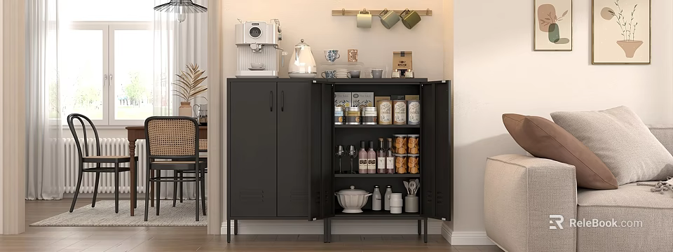 Dining Room Open Black Storage Cabinet With Organized Jars Bottles Mug Rack And Coffee Machine 3d model 