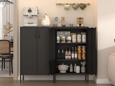 Dining Room Open Black Storage Cabinet With Organized Jars Bottles Mug Rack And Coffee Machine 3d model