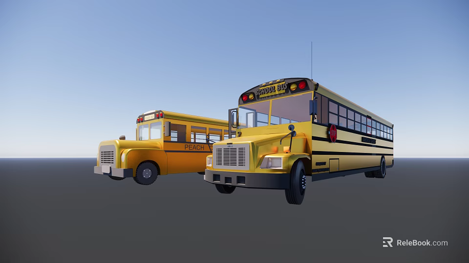 Two Yellow School Buses Parked Together With Classic And Modern Exterior Features 3d model 