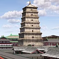 Ancient Architecture With Multi Story Pagoda Traditional Green Roof Surrounding Buildings And Mountain Backdrop