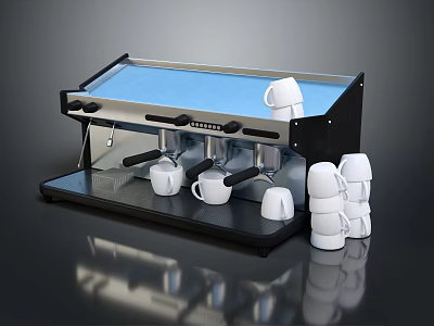 Modern Espresso Machine With Stainless Steel Black Design And Stacked White Cups 3d model