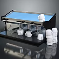 Modern Espresso Machine With Stainless Steel Black Design And Stacked White Cups