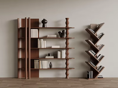 Modern Wooden Bookshelves With Decorative Vases And Stacked Books 3d model